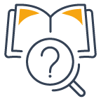 Icon showing open book with magnifying glass in the centre of which is a question mark